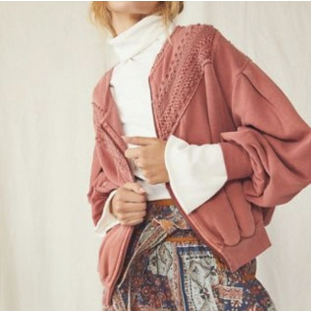 Free People Dusty Rose Cropped Zip-Up Hoodie